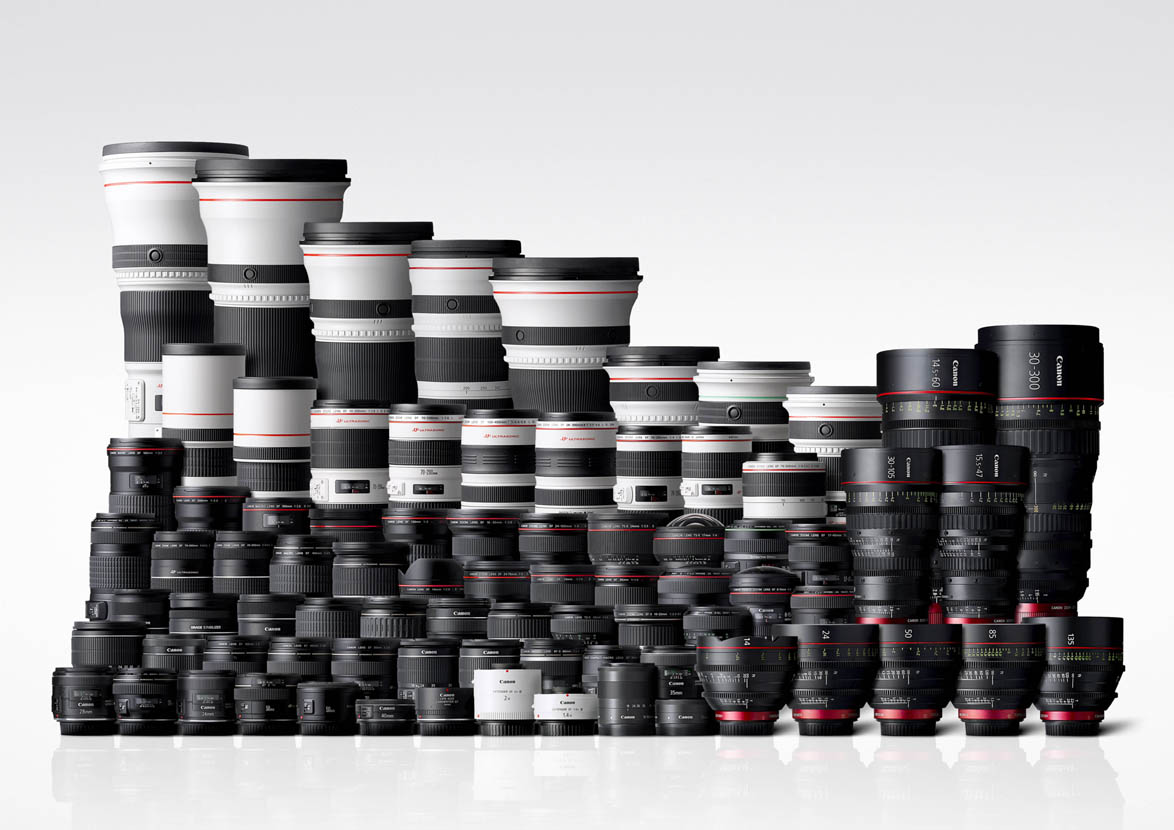 The Canon lens lineup at the time of manufacturing the 100 millionth lens. Image courtesy of Canon.